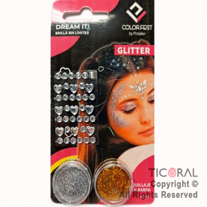 KIT PARA MAQUILLAJE GLITTER EN GEL 2 COLORES+STRASS AUTOADHESIVO 645-04 x 1